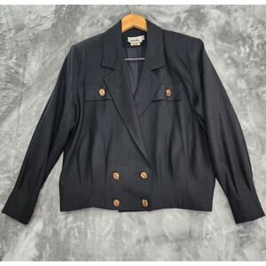 Vintage 80s Johardin Jacket Womens 10 Black‎ Wool Pleated Double-Breasted Blazer